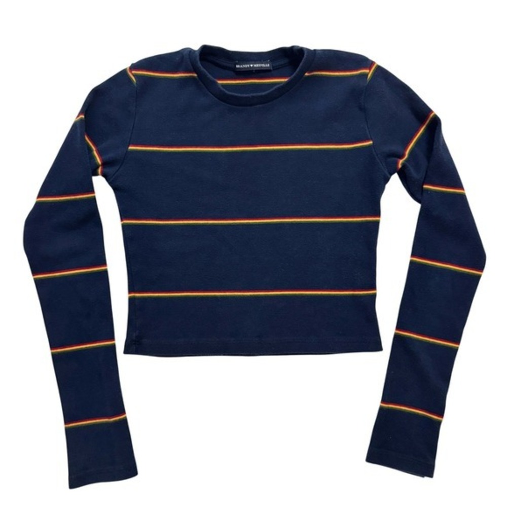 Brandy Melville Navy‎ Blue Striped Long Sleeve Cropped T Shirt Top Womens